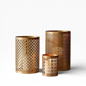 Set Of Two Gold Metal Lantern Style Votives <b>Candle</b> Holders With Geometric Cutwork And <b>Hanging</b> Handle - Product Image 6