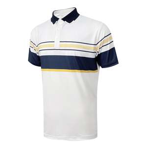 เสื้อกอล์ฟถักนิตติ้ง Handee White ผลิตจากโพลีเอสเตอร์ 100% พร้อมแถบสีกรมท่า/เหลืองแนวนอน แห้งเร็ว คุณภาพพรีเมียม - Product Image 1
