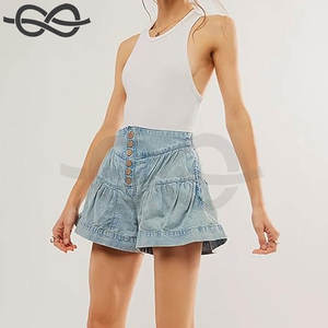 Pantalones cortos de mezclilla para mujer Casual verano cintura alta pierna ancha abotonado plisado volantes Jean Shorts moda comodidad - Product Image 3