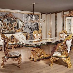 Juego de Comedor de Lujo Emma del Hotel Versailles, Madera de Teca Sólida Tallada a Mano, Cubierta de Mármol, Colección de Muebles Reales - Product Image 1