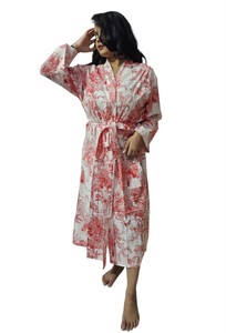 Bata de Baño de Algodón con Estampado Floral Tradicional Hecho a Mano con Cinturón, Talla - 48 pulgadas - Product Image 6