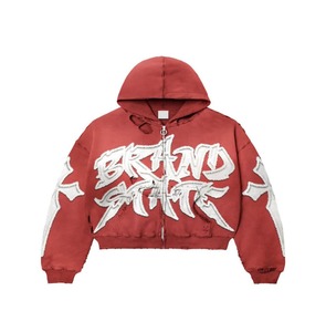 Custom High Quality Vintage Hoodies Manufacturer 400 Gsm Sunfaded Acid Wash Patch Embroidery <b>Cropped</b> <b>Zip</b> <b>up</b> Hoodie Men - Product Image 4