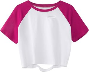 Camiseta desgastada con gráfico de dedo de calavera para mujer, Tops cortos de manga corta rasgados compuestos de 95% algodón y 5% Elastano - Product Image 1