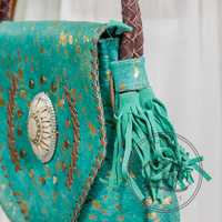 Bolso con flecos de cuero de vaca de bronce LW piedra turquesa adornado país occidental vaquera estilo gitano bolso