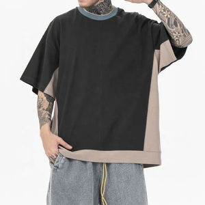 Haute qualité Vintage hommes T-Shirts Hip Hop col montant Boxy Fit blanc t-shirts couleur contraste couture t-shirt - Product Image 5