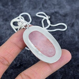 Collier pendentif tendance en argent sterling 925 avec pierre précieuse ovale en quartz rose pour unisexe - Product Image 4