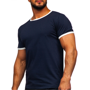 Camiseta de Manga Corta para Hombre, Color Azul Marino, Corte Ajustado, con Ribete en Contraste Blanco, Cuello Redondo, Informal, de Algodón Tejido - Product Image 3
