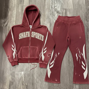 Tracksuit Men Two Piece Distressed <b>Embroidery</b> Men's Tracksuit 100% Cotton Acid Wash Zip up Hoodies And Sweatpants <b>Set</b> - Product Image 1