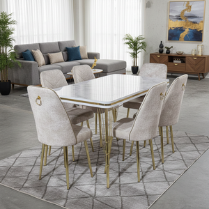 Ensemble de table à manger 6 chaises Fait main Moderne Extensible Plateau en verre trempé Pieds en métal Construction en aggloméré Écologique Durable - Product Image 3