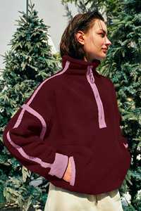 Cheap Price Wholesale Women's Winter Half Zip <b>Sherpa</b> Fleece Pullover Soft Oversized Sweatshirt with Pockets Front Logo - Product Image 3