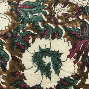 Tela de Algodón Estampada a Mano con Diseño Floral Mughal Indio en Tonos Marrón, Verde Azulado y Detalles en Color Vino - Product Image 1