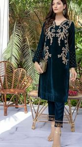 KURTA élégante avec robe pantalon sur tissu de velours embellissant la belle RESHAM, perles de verre de cristal, DABKA pour le travail de fête @ 2022 - Product Image 2