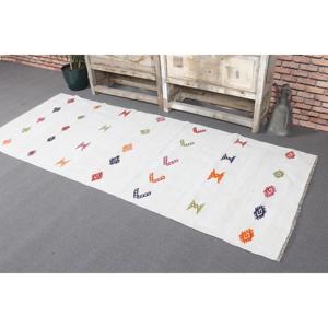 Tapis turc vintage 3x7,7 pieds, tapis en laine blanche Kilim - Product Image 4