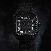 Montre-bracelet analogique classique de luxe 41 mm en acier inoxydable noir, cadran carré, moissanite VVS, charme hip-hop, mouvement Eta
