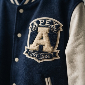 Veste de baseball personnalisée en laine bleu marine avec manches en cuir blanc et patch brodé de qualité supérieure - Product Image 4