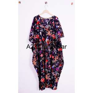 Caftán Maxi para Mujer, de Algodón Indio, con Estampado Floral Digital, Cuello en V, Cierre con Cinturón, Mangas Tres Cuartos, Largo Completo, Lavable a Máquina - Product Image 6