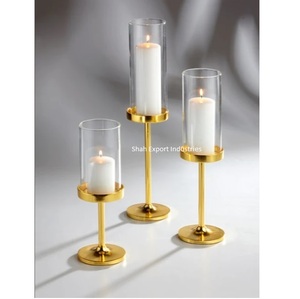Bougeoir pilier ouragans en métal doré avec cheminée en verre pour événement de mariage et décoration de table pour la maison - Product Image 5