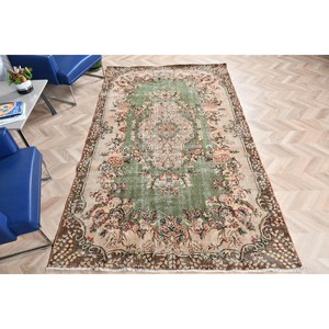 Vintage Rug, 5.5x9.4 ft Large Rug, Green <b>Brown</b> <b>Wool</b> Rug - Product Image 4