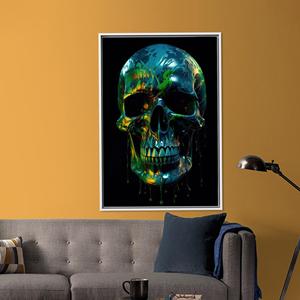 Impression sur toile de crâne coloré et vibrant - Décoration murale moderne, encadrée de blanc - Product Image 1