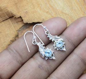 ต่างหูเงินแท้925แข็งแบบสปินเนอร์สีฟ้าบุษราคัมสำหรับผู้หญิงต่างหูพลอยสีฟ้าต่างหูห้อย - Product Image 5