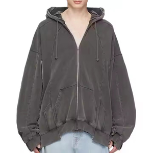 Sudaderas con capucha recortadas para hombre, ropa de calle de gran tamaño, sudaderas con cremallera para hombre, lavado ácido y hombros caídos, peso pesado 500 GSM - Product Image 1