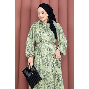 Vestido Hijab de Chifón con Estampado Floral y Cintura Imperio, Diseño con Pliegues Delanteros y Detalle de Moda - Product Image 2