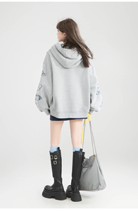 Moda Sweet Cool Girl Graffiti Print Grey Fleeced Sudaderas Irregular Loose Casual Manga larga Sudaderas con capucha Chaquetas Mujer Otoño - Product Image 4