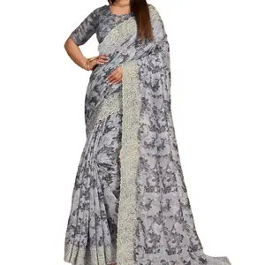 oft Linen Cotton saree with chikankari embroidered work on border and Beautiful prints all over with from India