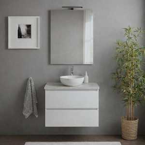 Modern Concrete Top and Baltimora <b>Mirror</b> 60cm High Gloss <b>White</b> Suspended Bathroom Cabinet - Product Image 1
