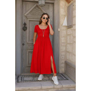 Women's Short-Sleeved Round Neck Front Slit Pocket <b>Viscose</b> Long <b>Dress</b>, 34096 - Red - Product Image 1
