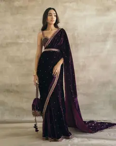 LATEST NEW DESIGNER EXCLUSIVE PARTY WEAR WINE VELVET SAREE WITH EMBROIDERED WORK AND MOTI WITH WORK BLOUSE