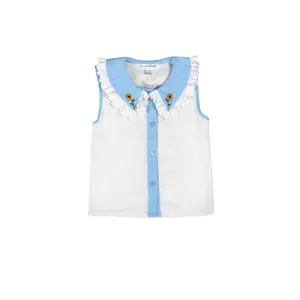 Sunflower Shirt Custom Color Embroidery Baby Girl Linen Shirt White Sleeveless  Blue And Pink Pattern 4 Buttons - Linen Shirt