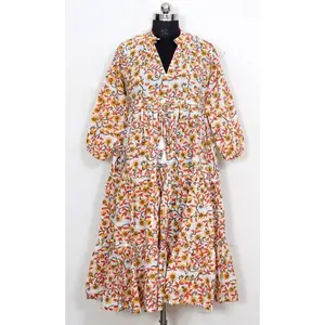 100% Kain Katun Gaun untuk Wanita Blouson Gaun Tangan Block Printed Kimono Pakaian Etnis Gaun Katun