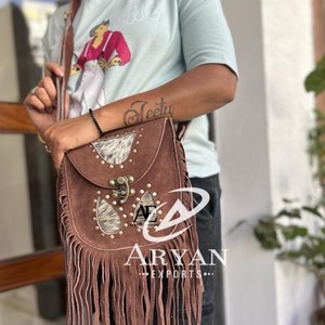 Nuevo Bolso de Flecos de Cuero con Pelo Sintético Estilo Occidental, Bolso Bandolera de Cuero Auténtico de Alta Calidad Estilo Boho para Mujer - Product Image 1