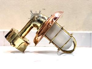Nautical <b>Vintage</b> Bulkhead Swan Neck Brass <b>Wall</b> Mounted <b>Light</b> With Copper Shade & Milky - Product Image 2