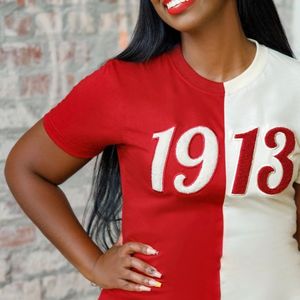 Mezza metà 1913 DST ciniglia ricamata T-Shirt in cotone Premium abito da confraternita Delta abbigliamento greco T-Shirt rossa bianca bicolore - Product Image 5