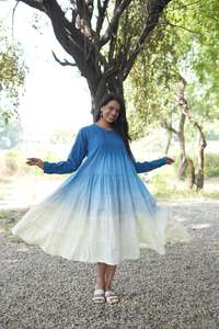 Ombre Cotton Maxi <b>Dress</b> Shoulder Tiered Boho Luxurious Kaftan Dip Dye Gradient Flared Summer Spring Autumn Bohemian High Waist - Product Image 2