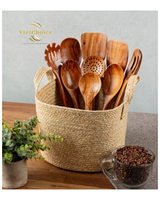 Vietchoice Hilda Model Beste Keuze Teakhouten 6-delige Keukenhulpjesset Lange Steellepels Spatels Vorken Vaatwasser- en Ovenbestendig