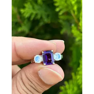 Vintage 925 <b>Silver</b> <b>Ring</b> with <b>Emerald</b> Cut Diamond Oval Cut Natural Amethyst Moonstone Rhodium Plated Car Pattern Engagement Style - Product Image 1