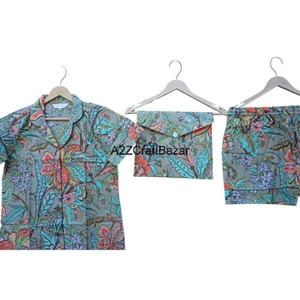 Ensemble de pyjama court pour femme en coton pur 100% imprimé à la main, col en V, confortable, vêtements de nuit, vêtements d'été - Product Image 4