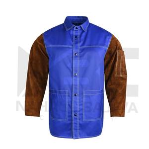 แจ็คเก็ตเชื่อมสีน้ำเงิน FR (สารหน่วงไฟ) พร้อมแขนเสื้อหนัง - Product Image 1