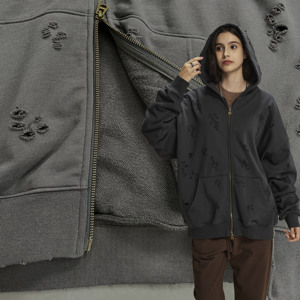 Felpa con cappuccio con cerniera oversize in cotone Vintage con <span class=keywords><strong>Logo</strong></span> personalizzato in cotone Vintage in tinta unita - Product Image 4