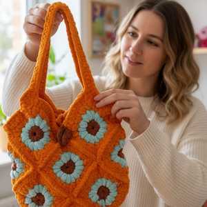 Sac à bandoulière vintage en crochet motif pétale d'automne avec une seule sangle, style bohème, broderie tendance, doublure en polyester, fermeture ouverte - Product Image 5