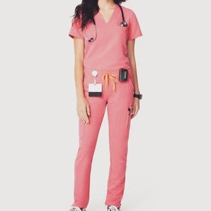 Uniformes médicos para mujer, pantalones personalizados con cuello en V y cintura elástica, atuendo hospitalario de primera calidad 100% - Product Image 1