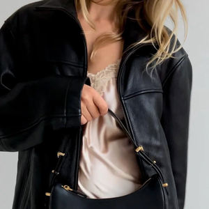 Venta al por mayor Chaqueta de cuero de gran tamaño Boxy Vintage Chaqueta de cuero genuino Cremallera de moda Chaquetas de mujer - Product Image 4