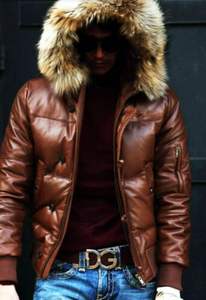 Blouson d'hiver matelassé pour homme en cuir véritable, style bomber, avec capuche amovible en fourrure de renard, rembourrage chaud, doudoune décontractée - Product Image 2