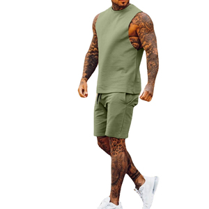 Ensemble décontracté d'été 2 pièces pour homme en tissu éponge : débardeur sans manches et short respirant à séchage rapide pour le sport, le fitness et la plage – Personnalisable - Product Image 1