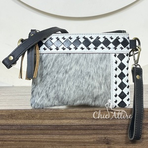 2025 Western New Arrival Cowhide Leather Crossbody <b>Bag</b> Checkered Pattern Wristlet <b>Purse</b> Boho Sling <b>Bag</b> Handmade Clutch for Women - Product Image 1