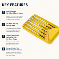 HEHE 551126 Ensemble de 6 tournevis de précision pour horloger, entièrement métalliques, avec poignée moletée et base de rangement jaune