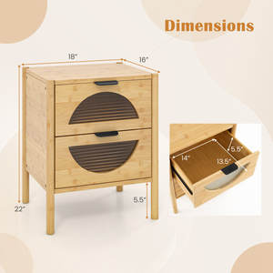 Table de chevet moderne européenne en bambou massif avec 2 tiroirs de rangement et façades en verre trempé à roseaux pour appartement - Product Image 3